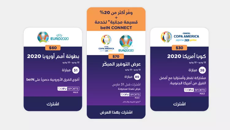 أسعار الإشتراك في بطولتي كوبا أمريكا وأمم اورووبا 2020 - عرض التوفير المبكر