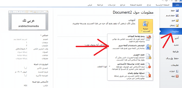 إختيار الأمر تشفير ملف وورد بكلمة مرور