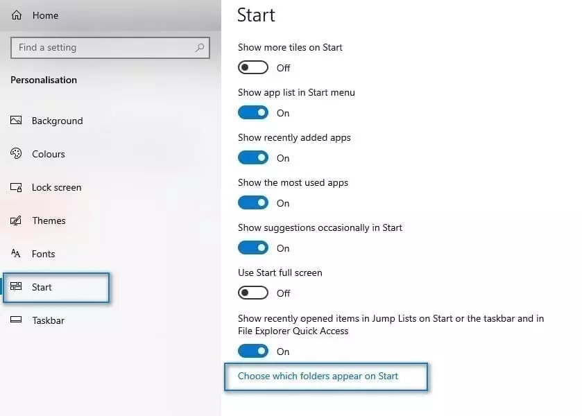 Choose which folders appear on start