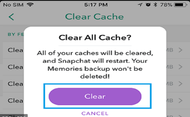 امسح ملفات ذاكرة التخزين المؤقت Snap chat