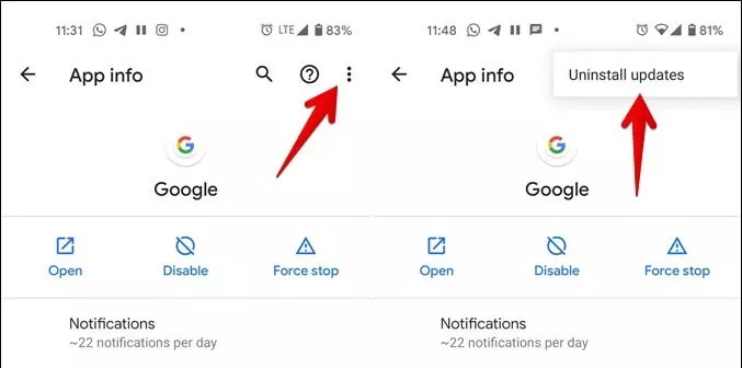 قم بإلغاء تثبيت تحديثات تطبيق Google