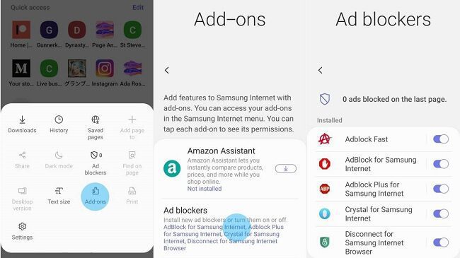 متصفح SAMSUNG INTERNET متصفحات ويب تدعم تثبيت الإضافات 