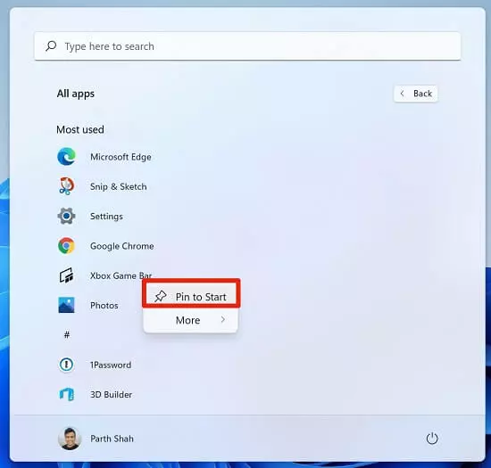 تثبيت التطبيقات في قائمة ابدأ في Windows 11