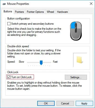 ميزة Mouse ClickLock 2