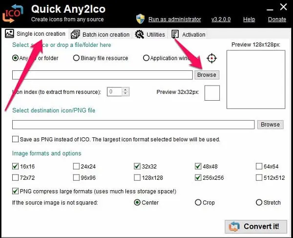 استخدام برنامج تحويل الصور إلى أيقونات Quick Any2ICO 1