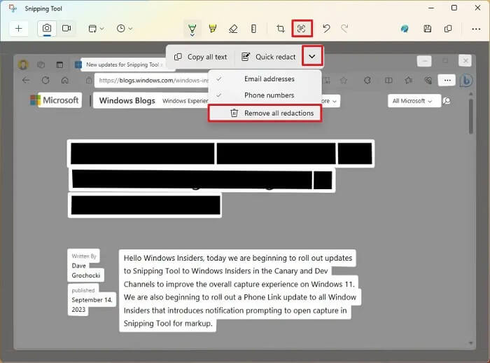 طريقة إخفاء النصوص من لقطات الشاشة عبر أداة القصاصة في Windows 11